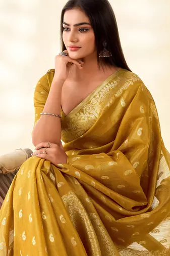mustard yellow woven banarasi tissue silk blend saree
