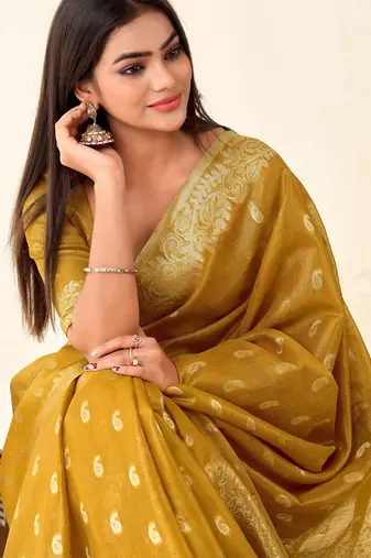 mustard yellow woven banarasi tissue silk blend saree