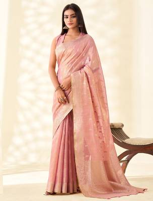 pastel pink woven banarasi tissue silk blend saree 1