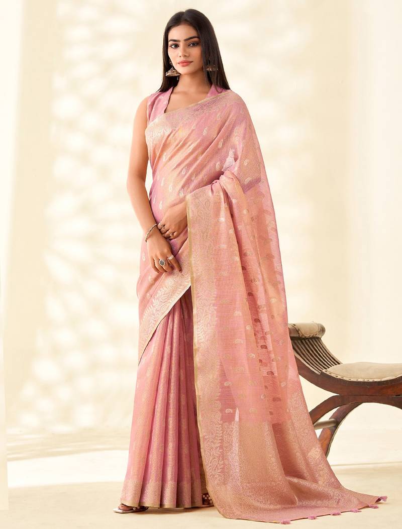 pastel pink woven banarasi tissue silk blend saree
