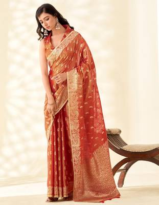 rust red woven banarasi tissue silk blend saree 1