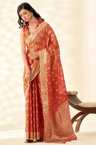 rust red woven banarasi tissue silk blend saree
