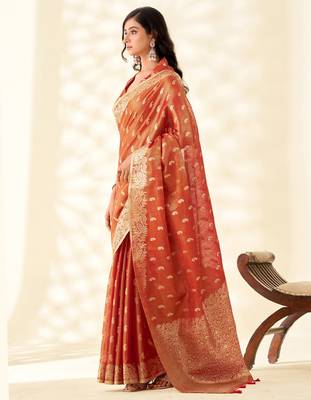 rust red woven banarasi tissue silk blend saree 2