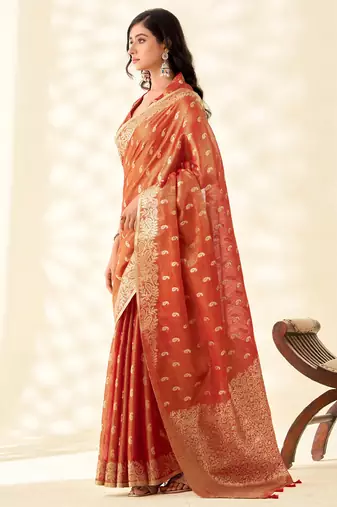 rust red woven banarasi tissue silk blend saree