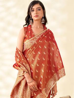 rust red woven banarasi tissue silk blend saree 3