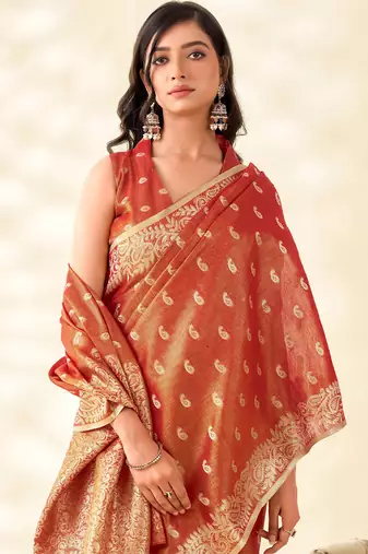rust red woven banarasi tissue silk blend saree