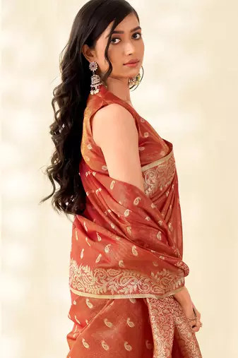 rust red woven banarasi tissue silk blend saree