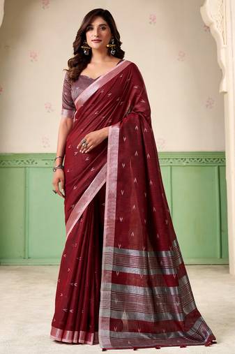 Women maroon woven design linen saree with silver zari