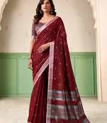 Women maroon woven design linen saree with silver zari