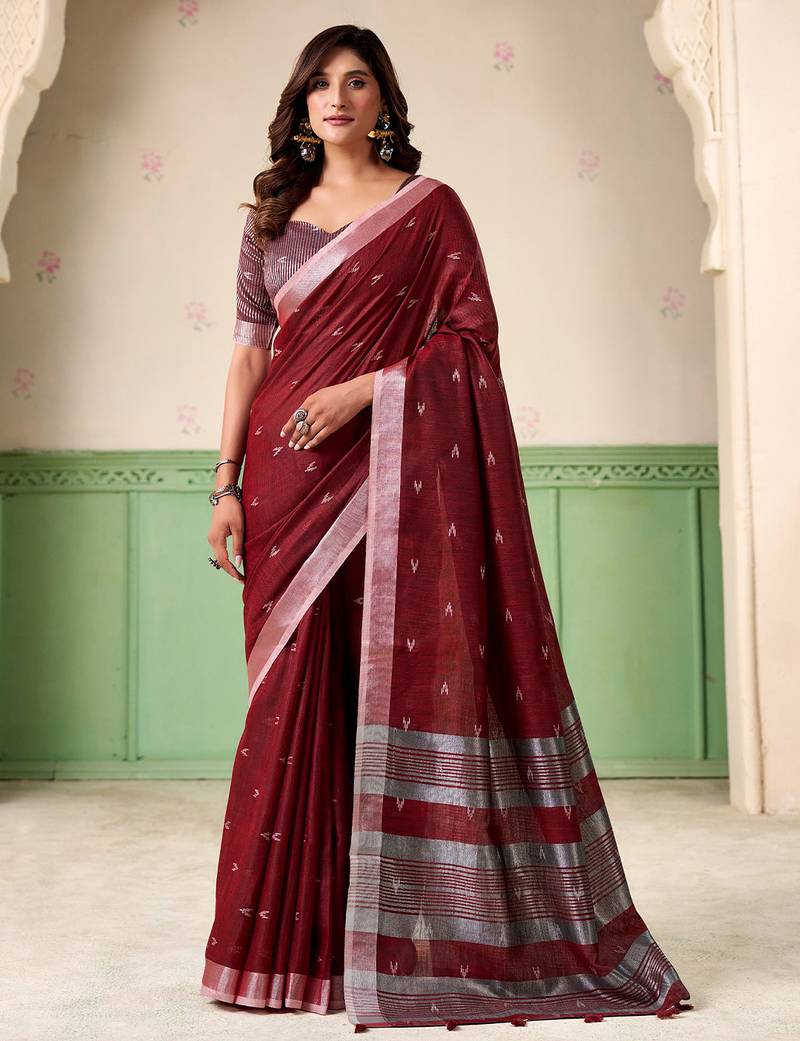 Women maroon woven design linen saree with silver zari