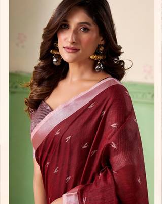 Women maroon woven design linen saree with silver zari 3