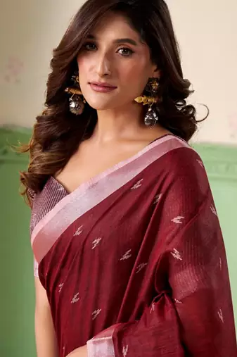 Women maroon woven design linen saree with silver zari