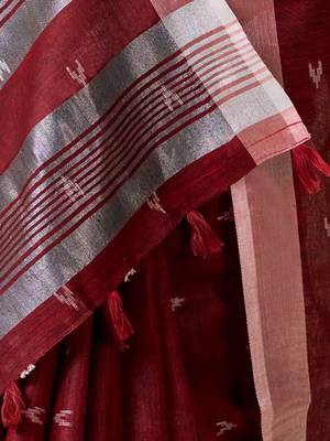 Women maroon woven design linen saree with silver zari 4