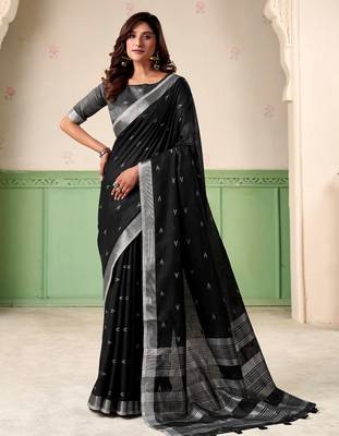 Women black woven design linen saree with silver zari 1