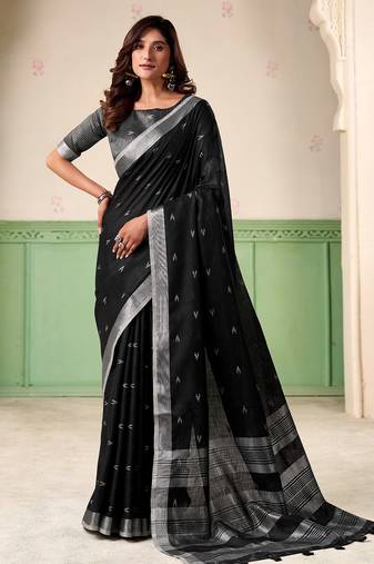 Women black woven design linen saree with silver zari