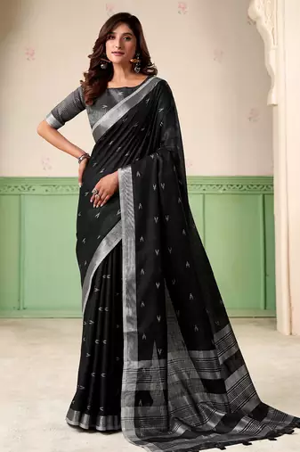 Women black woven design linen saree with silver zari