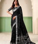 Women black woven design linen saree with silver zari