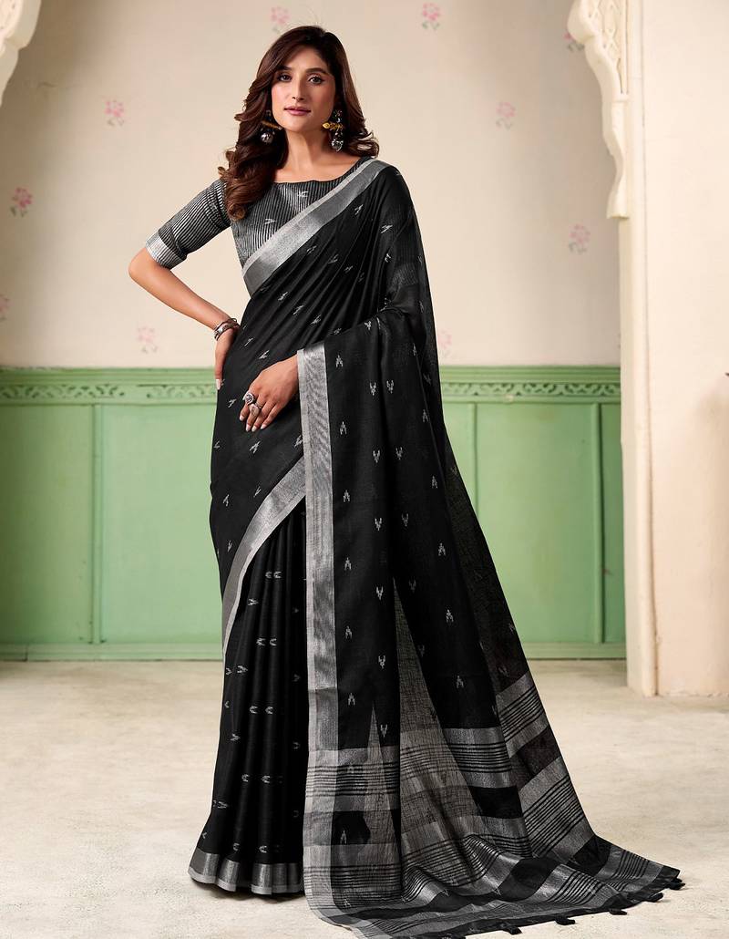 Women black woven design linen saree with silver zari