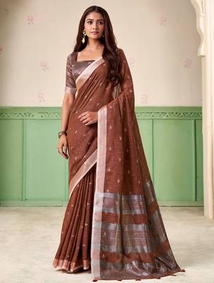 Women coffee brown woven design linen saree with silver zari 1