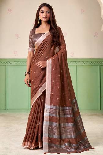 Women coffee brown woven design linen saree with silver zari