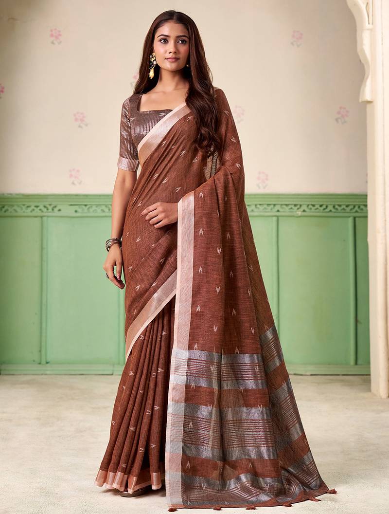 Women coffee brown woven design linen saree with silver zari