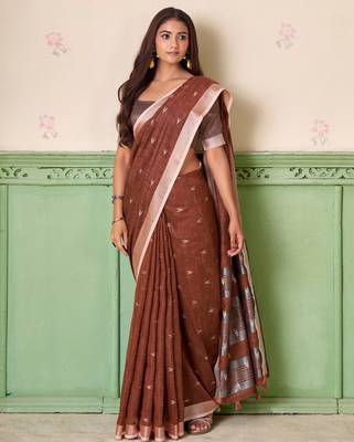 Women coffee brown woven design linen saree with silver zari 2