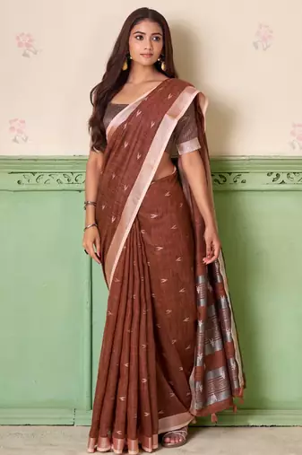Women coffee brown woven design linen saree with silver zari