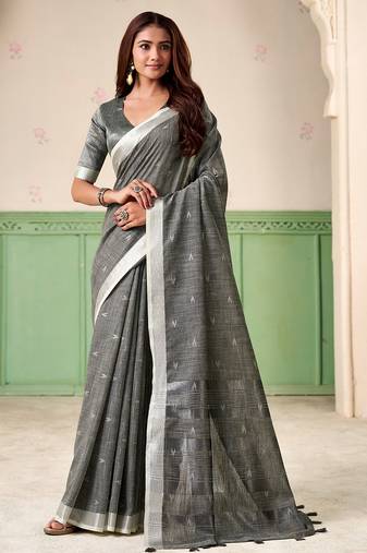 Women grey woven design linen saree with silver zari