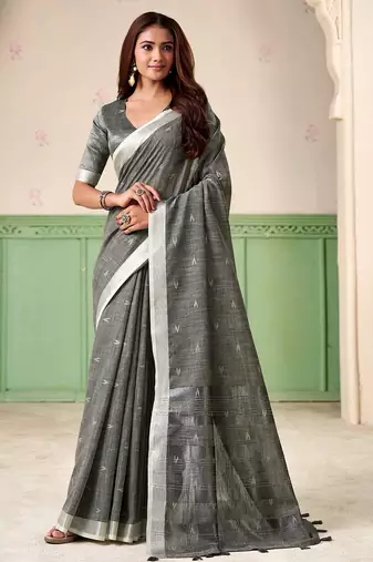 Women grey woven design linen saree with silver zari