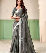 Women grey woven design linen saree with silver zari