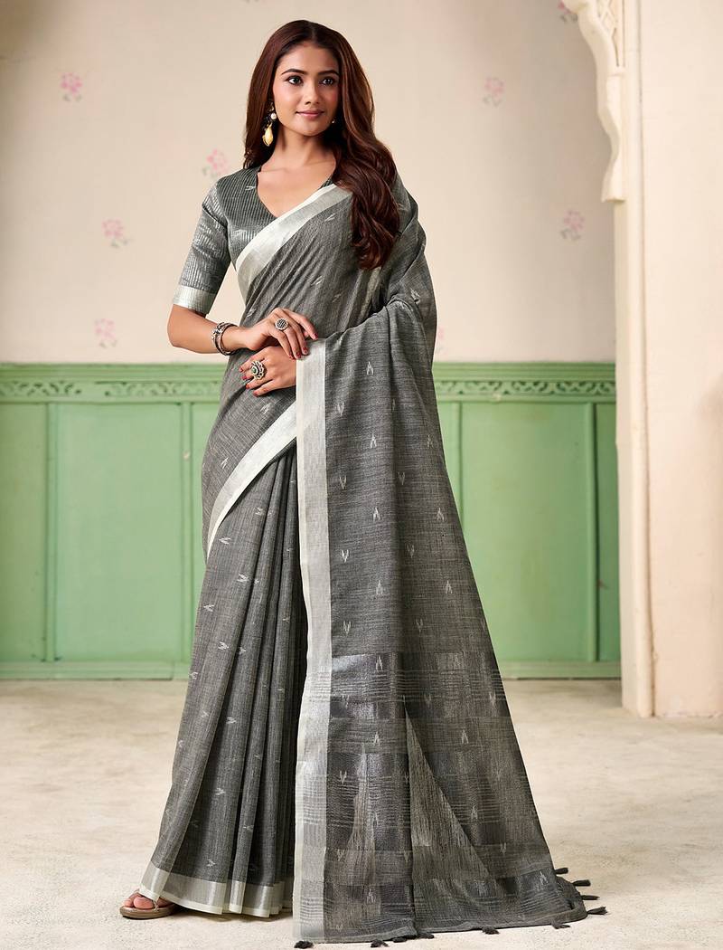 Women grey woven design linen saree with silver zari