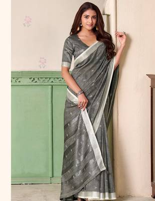 Women grey woven design linen saree with silver zari 2