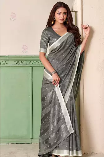 Women grey woven design linen saree with silver zari