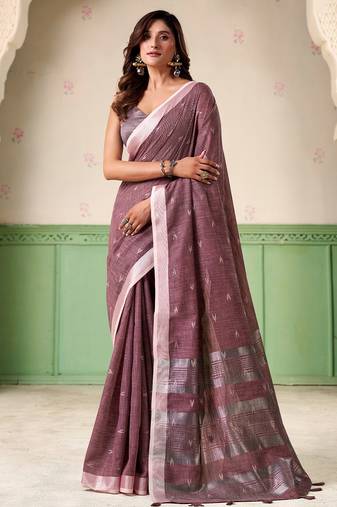 Women mauve purple woven design linen saree with silver zari