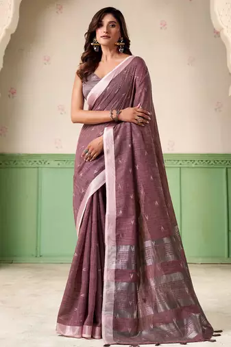 Women mauve purple woven design linen saree with silver zari