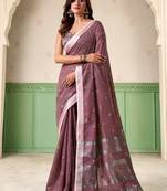 Women mauve purple woven design linen saree with silver zari