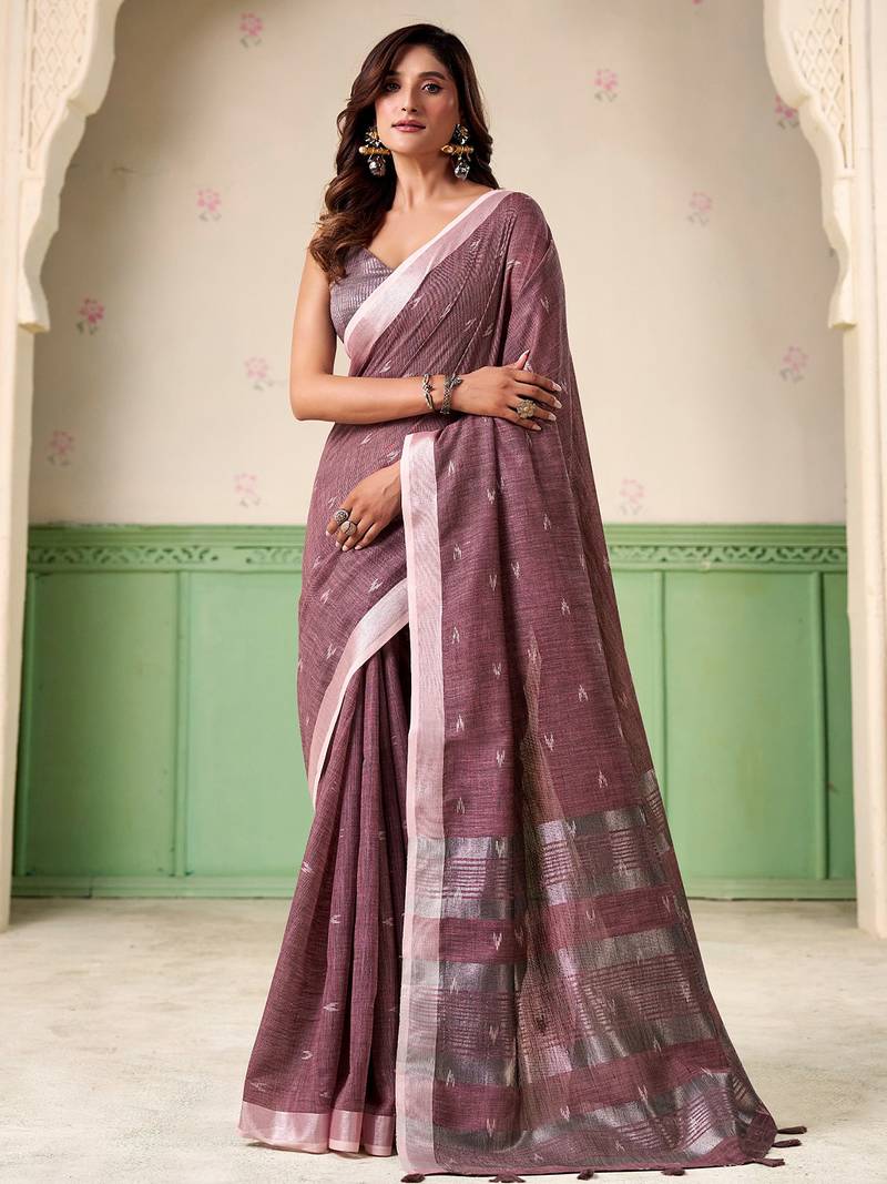 Women mauve purple woven design linen saree with silver zari