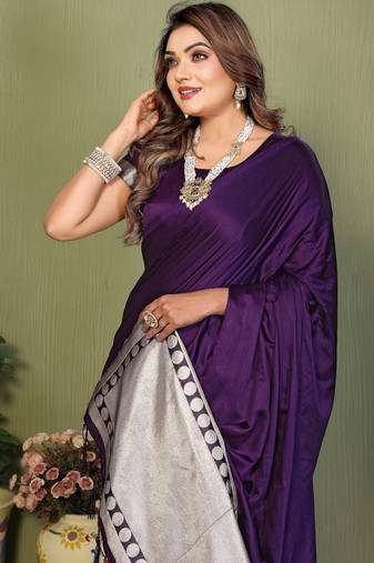 Pruple Color Hand Dyed With Zari Woven Satin Silk Saree