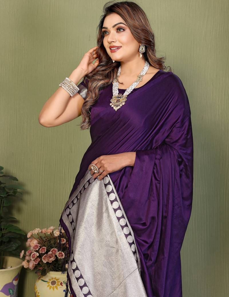 Pruple Color Hand Dyed With Zari Woven Satin Silk Saree