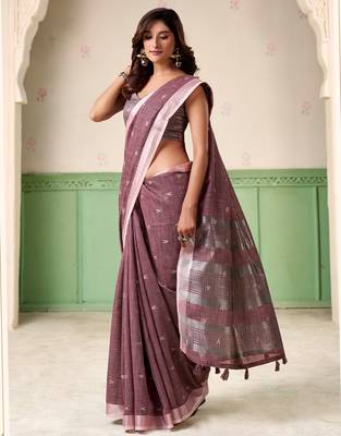 Women mauve purple woven design linen saree with silver zari 2