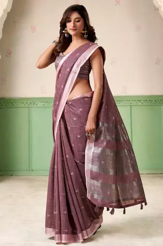 Women mauve purple woven design linen saree with silver zari