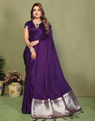 Pruple Color Hand Dyed With Zari Woven Satin Silk Saree 2