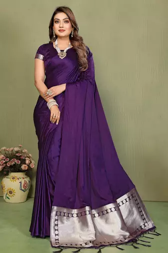 Pruple Color Hand Dyed With Zari Woven Satin Silk Saree