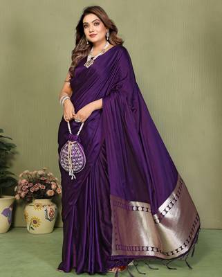 Pruple Color Hand Dyed With Zari Woven Satin Silk Saree 3