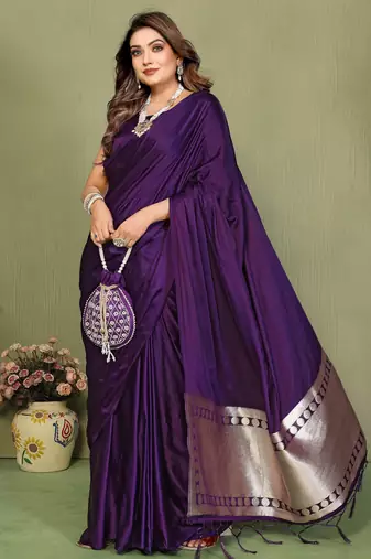 Pruple Color Hand Dyed With Zari Woven Satin Silk Saree