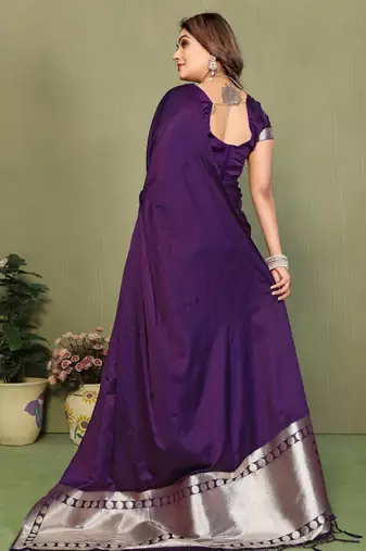 Pruple Color Hand Dyed With Zari Woven Satin Silk Saree