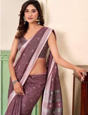 Women mauve purple woven design linen saree with silver zari 3