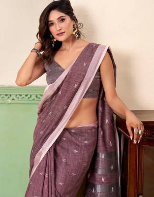 Women mauve purple woven design linen saree with silver zari 4