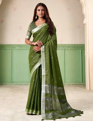 Women olive green woven design linen saree with silver zari 1