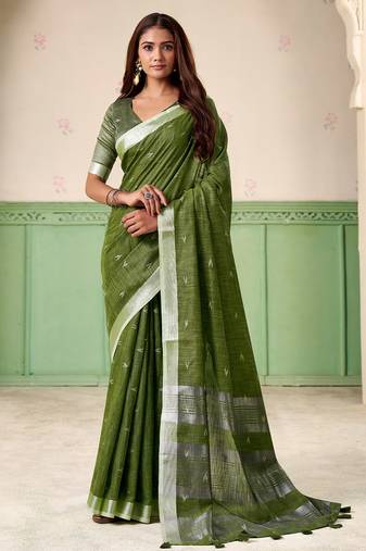 Women olive green woven design linen saree with silver zari